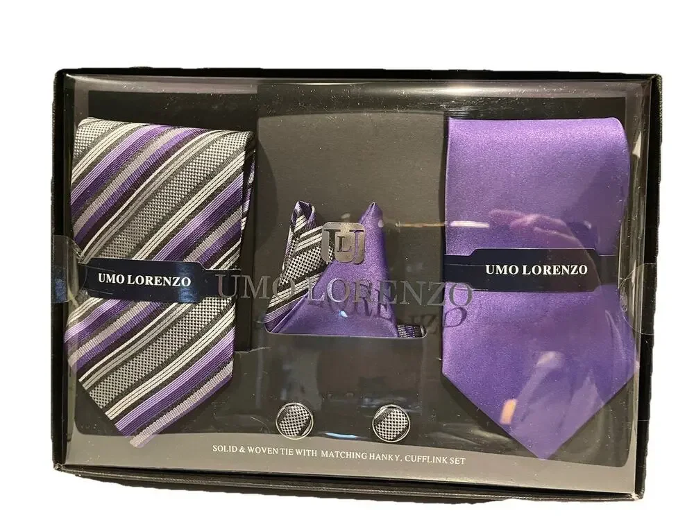 Umo Lorenzo Solid Woven Tie Set W/ Matching Hanky, Cuff Link Set - Purple